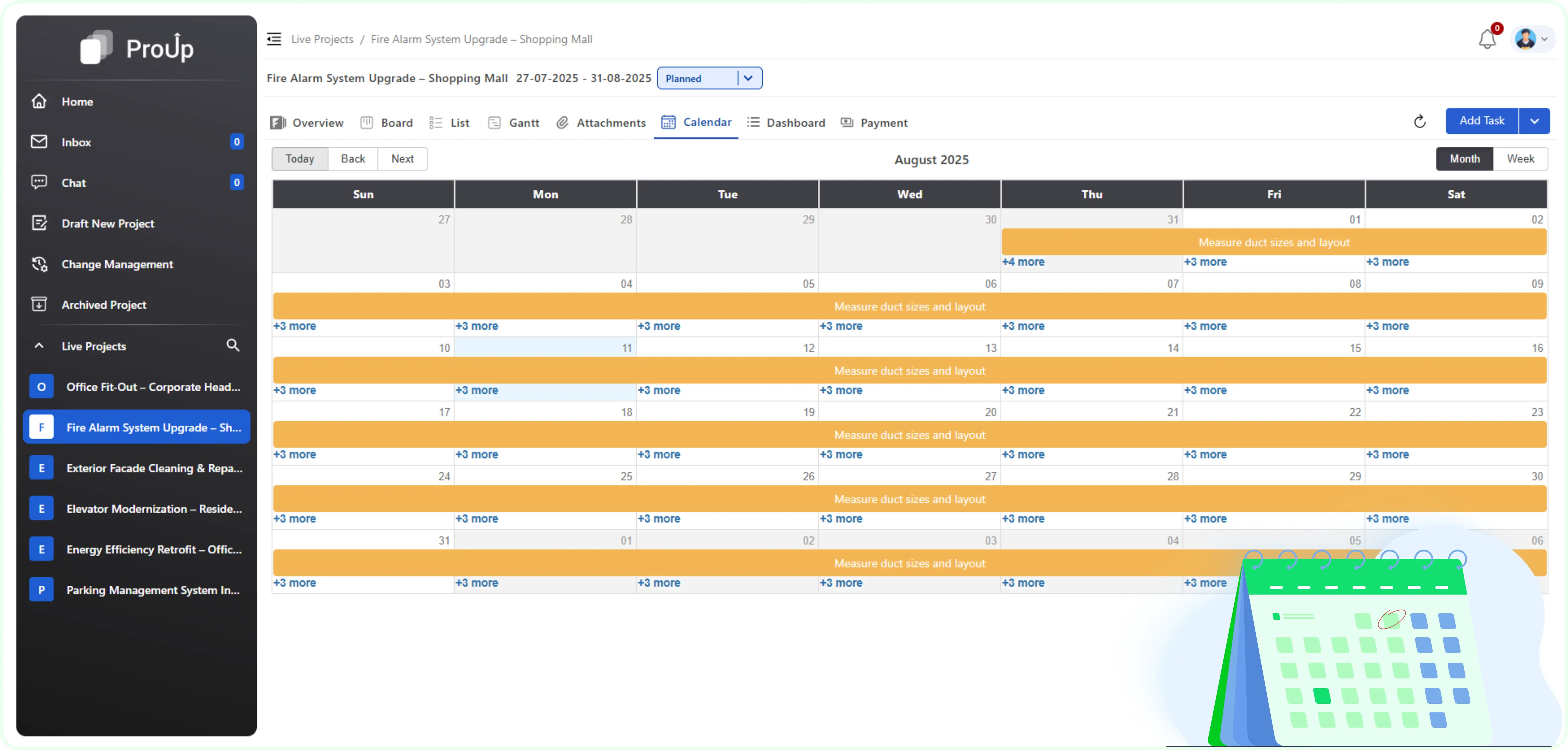 Calendar view for scheduling tasks and project deadlines