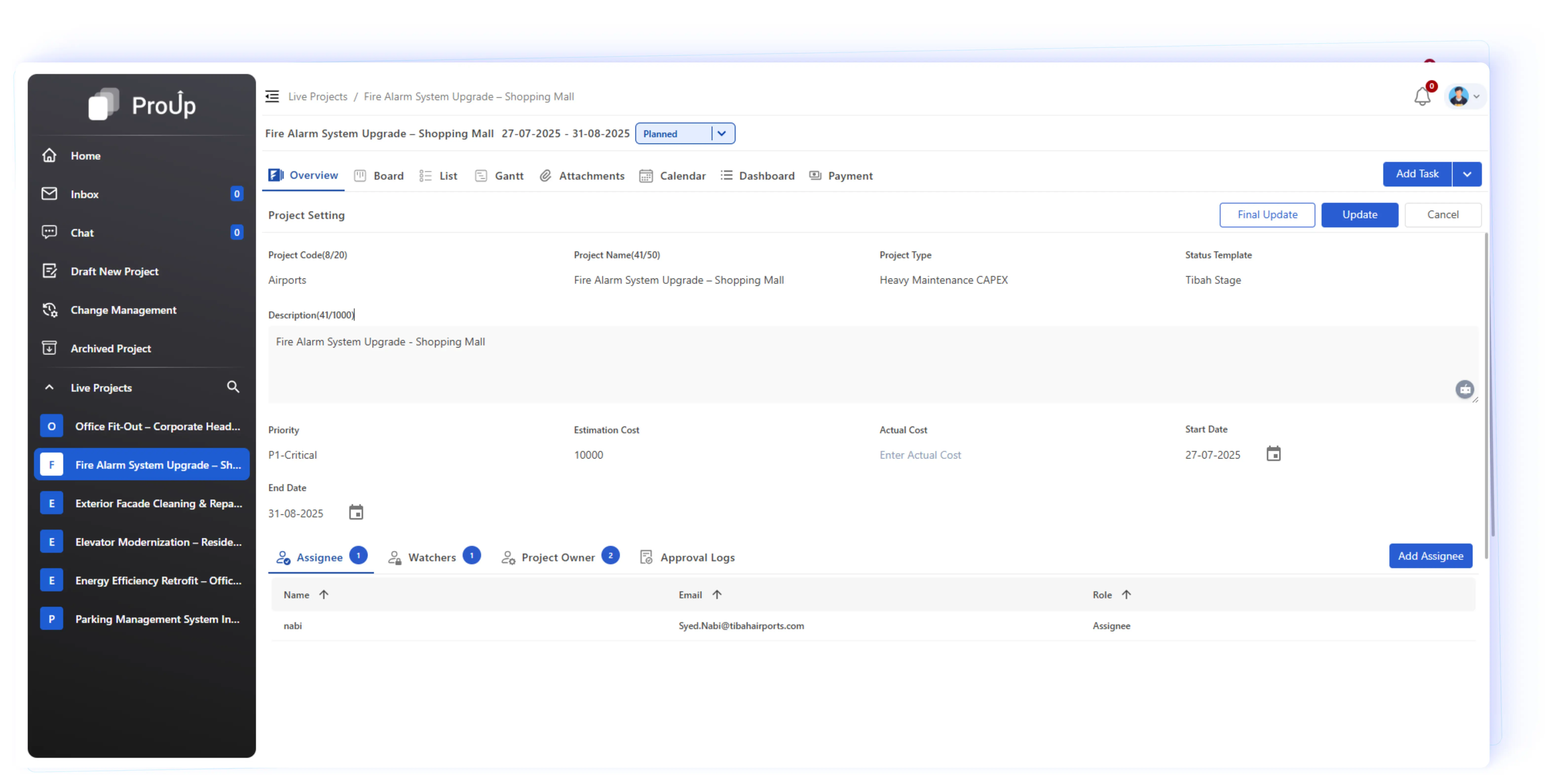 Project overview dashboard with timeline roles and team members