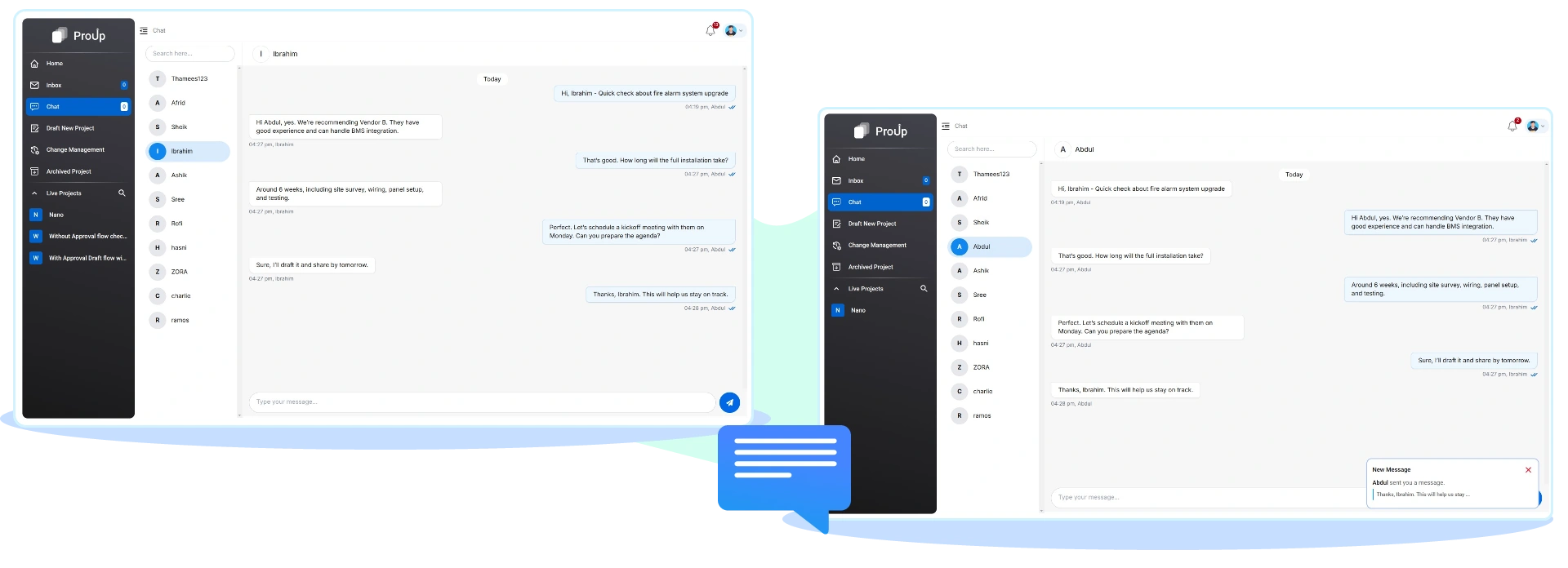 Team collaboration chat inside project management tool