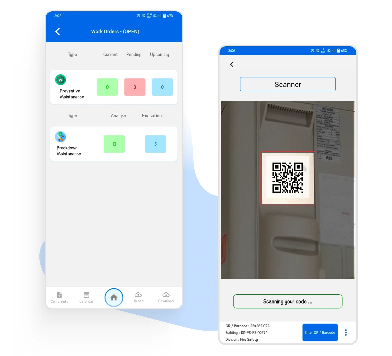 SmartFM Reach app showing asset tracking and barcode scanning functionality